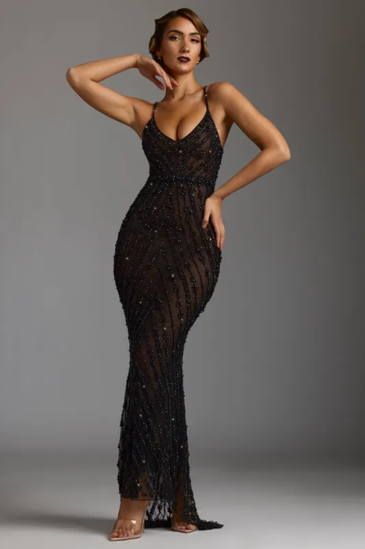 Hand Embellished Sheer Evening Gown in Black sold by Oh Polly