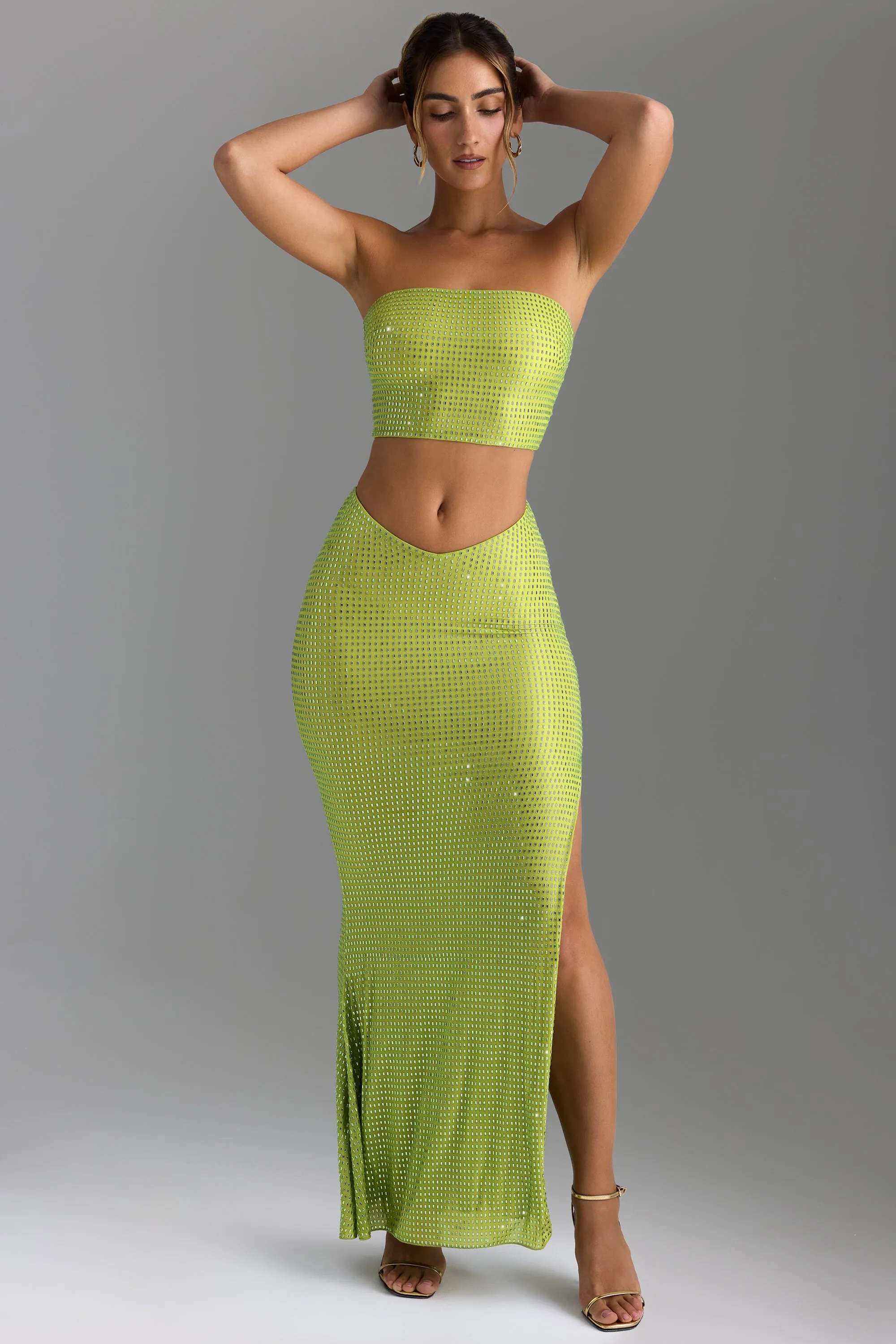 Embellished V-Waist Thigh-Split Maxi Skirt in Pear Green sold by Oh Polly product image thumbnail 5