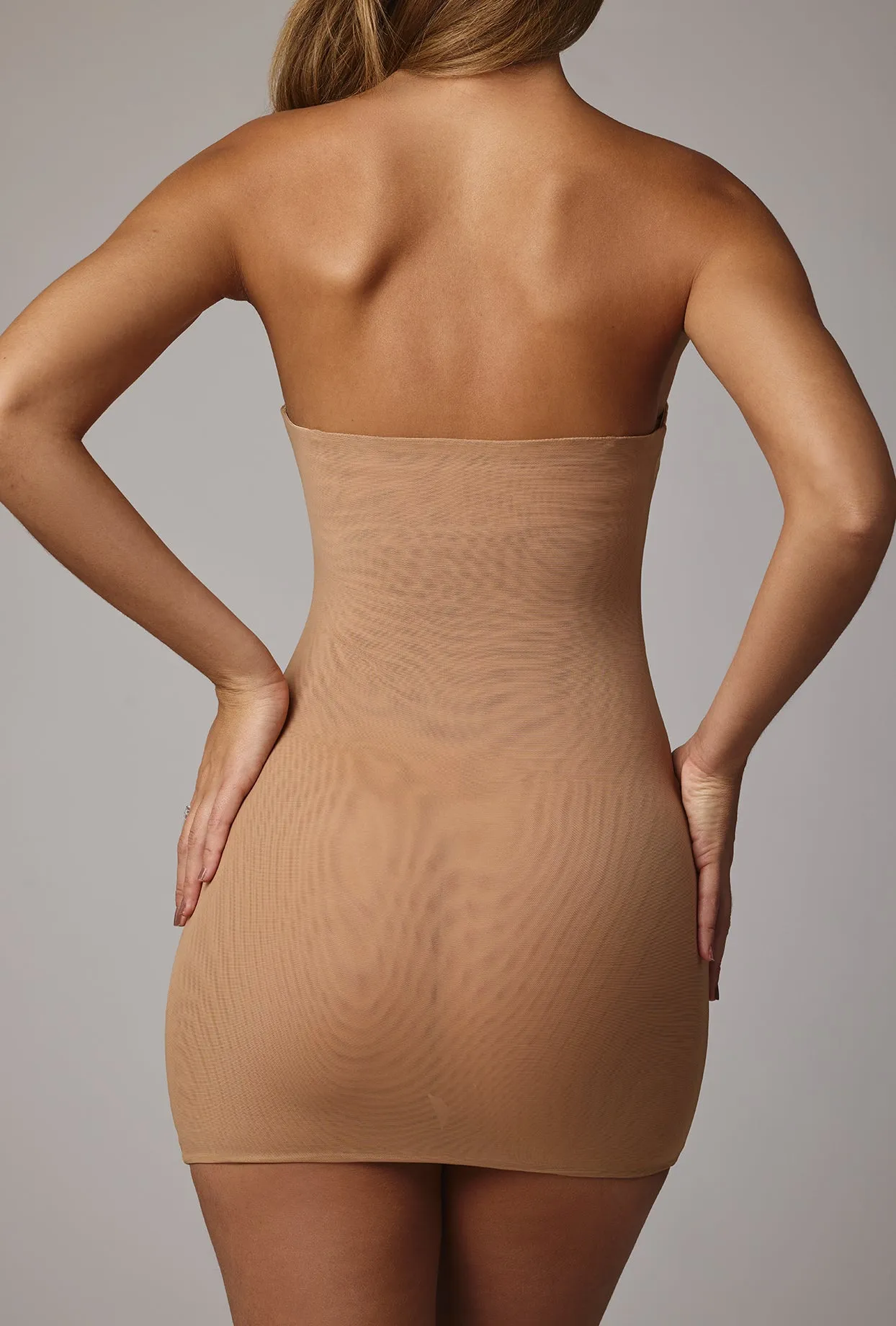 Soft Sheer-Mesh Bandeau Mini Slip Dress in Almond sold by Oh Polly product image thumbnail 2