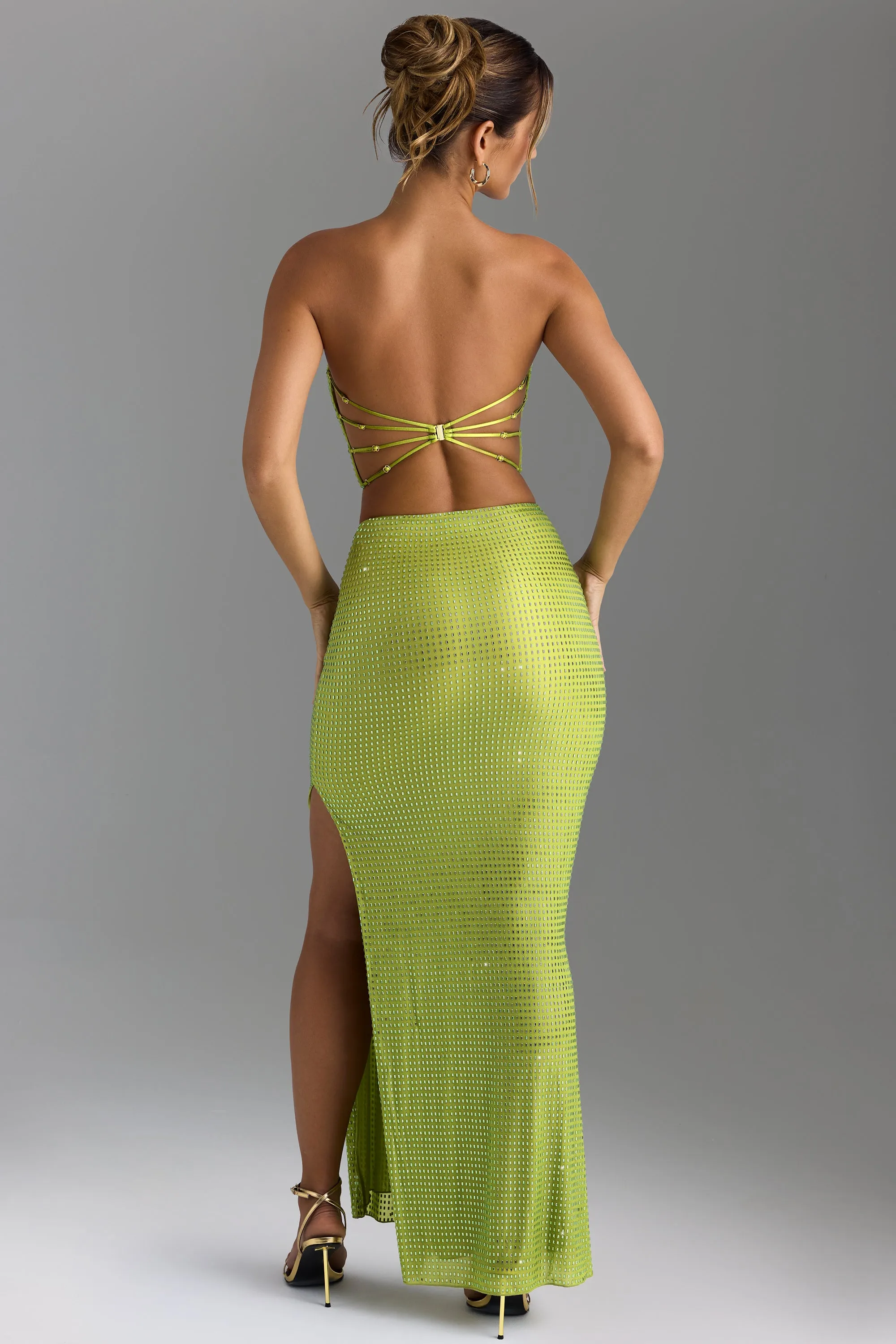 Embellished V-Waist Thigh-Split Maxi Skirt in Pear Green sold by Oh Polly product image thumbnail 2