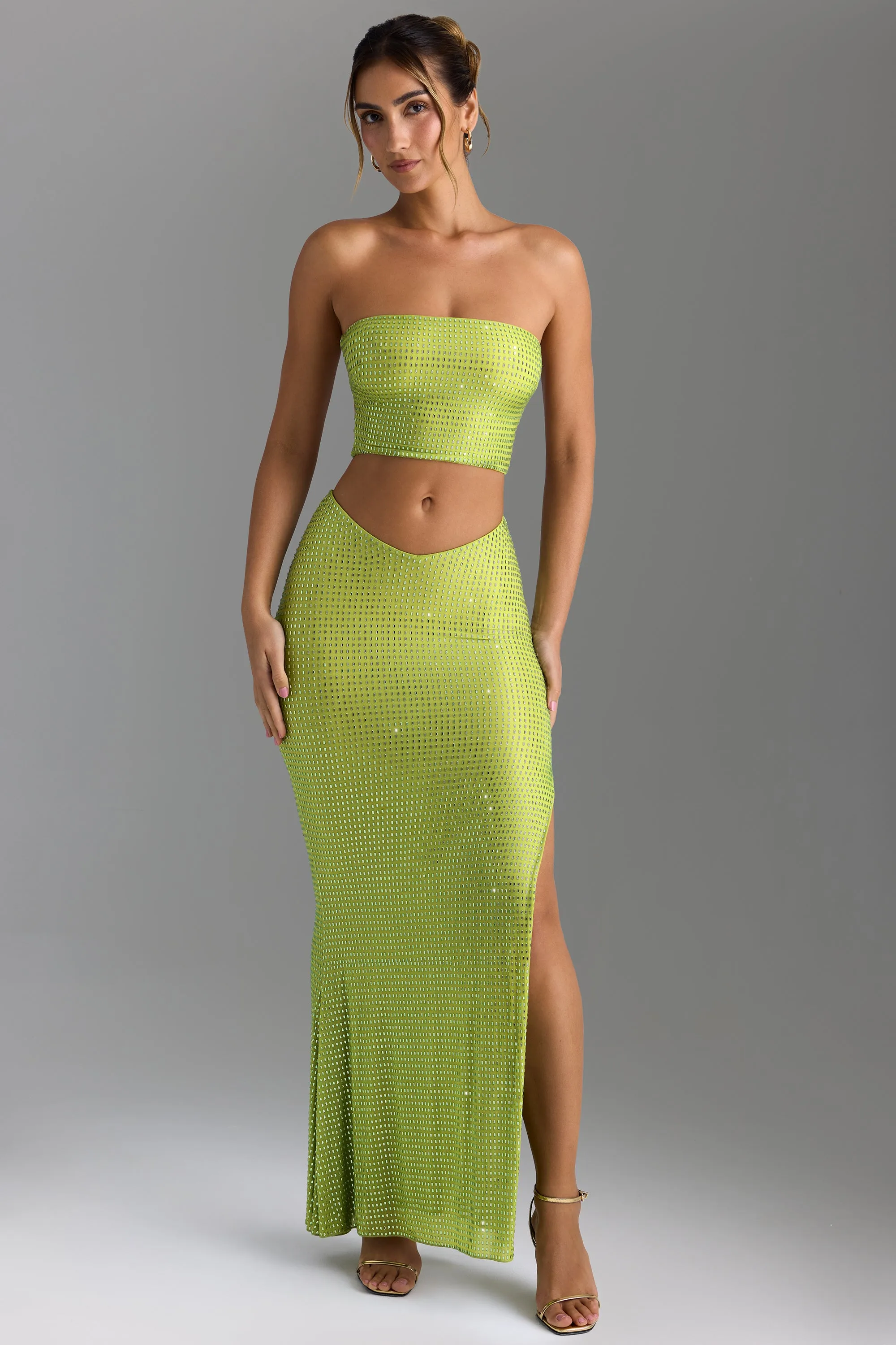 Embellished V-Waist Thigh-Split Maxi Skirt in Pear Green sold by Oh Polly product image thumbnail 4