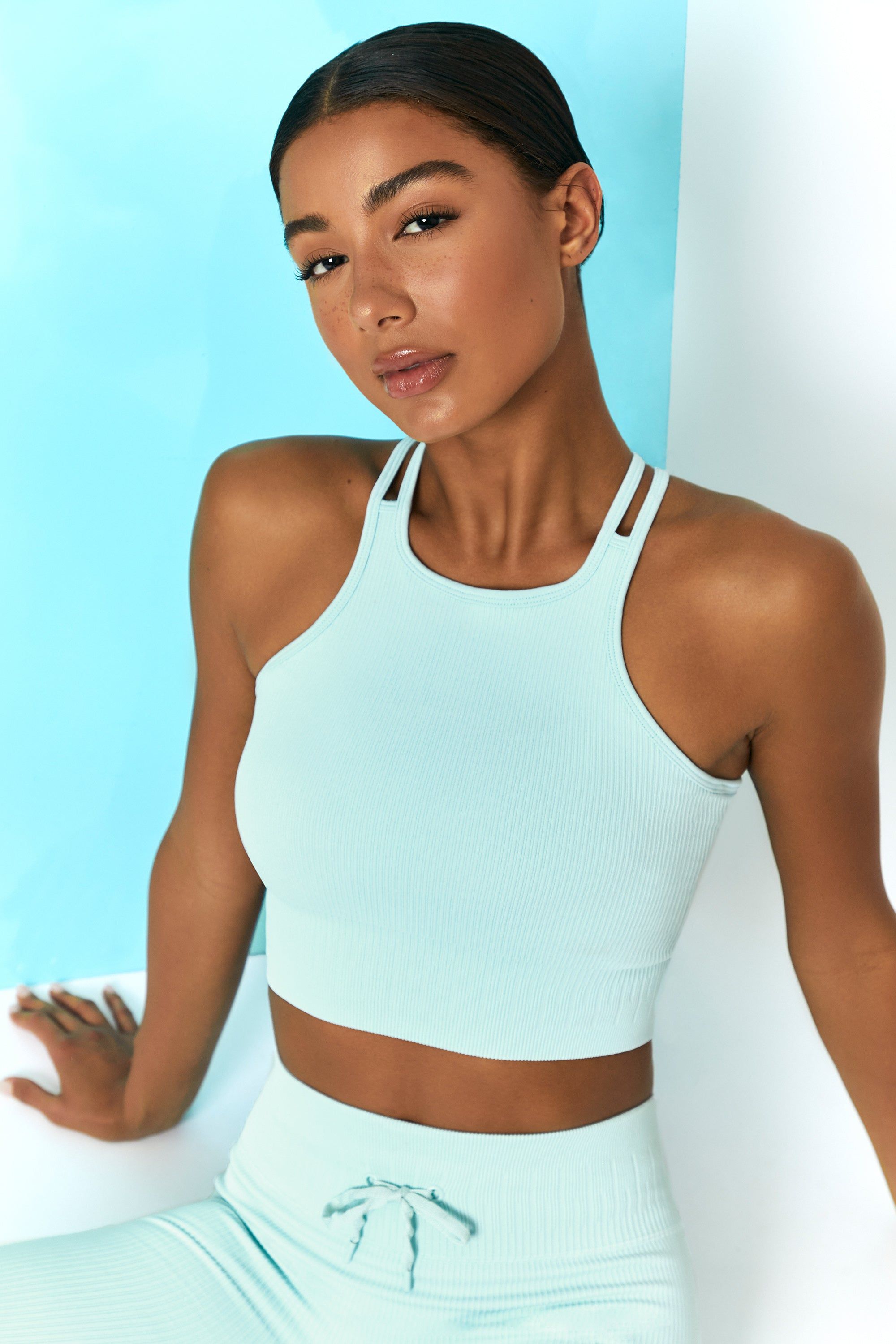 Feel Your Power Ribbed Racer Crop Top in Light Blue sold by Oh Polly