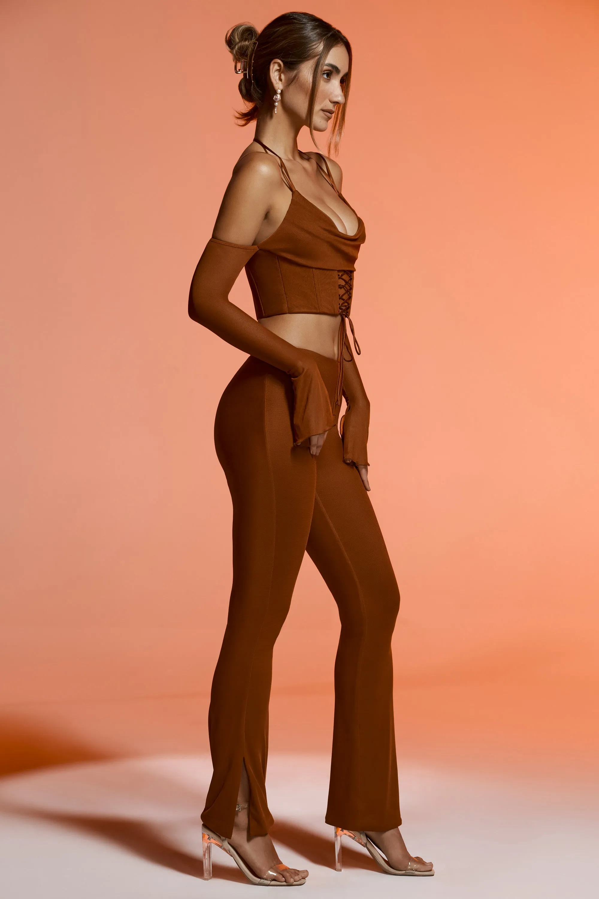 Petite Split Flare Trousers in Brown sold by Oh Polly product image thumbnail 3