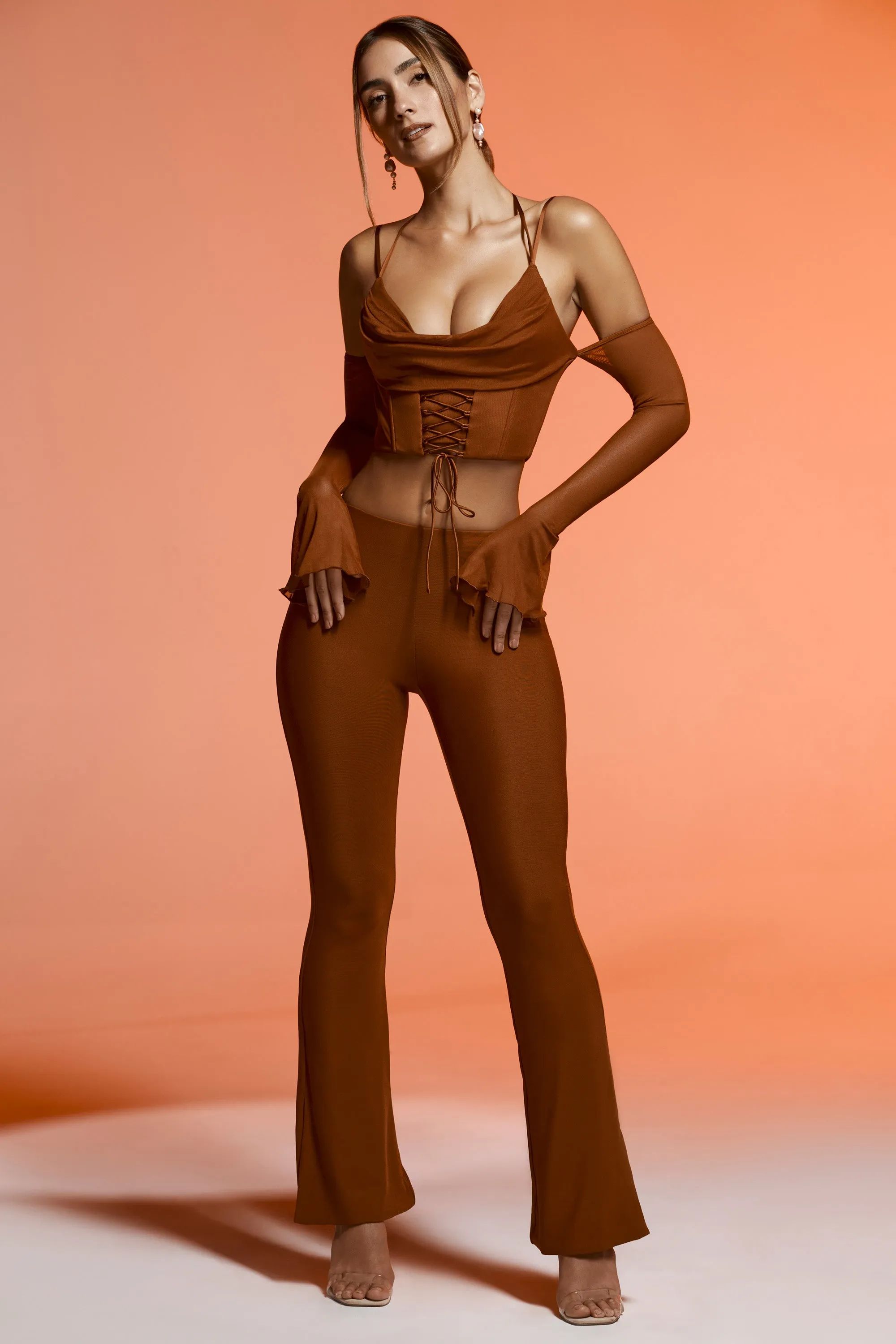 Petite Split Flare Trousers in Brown sold by Oh Polly product image thumbnail 4