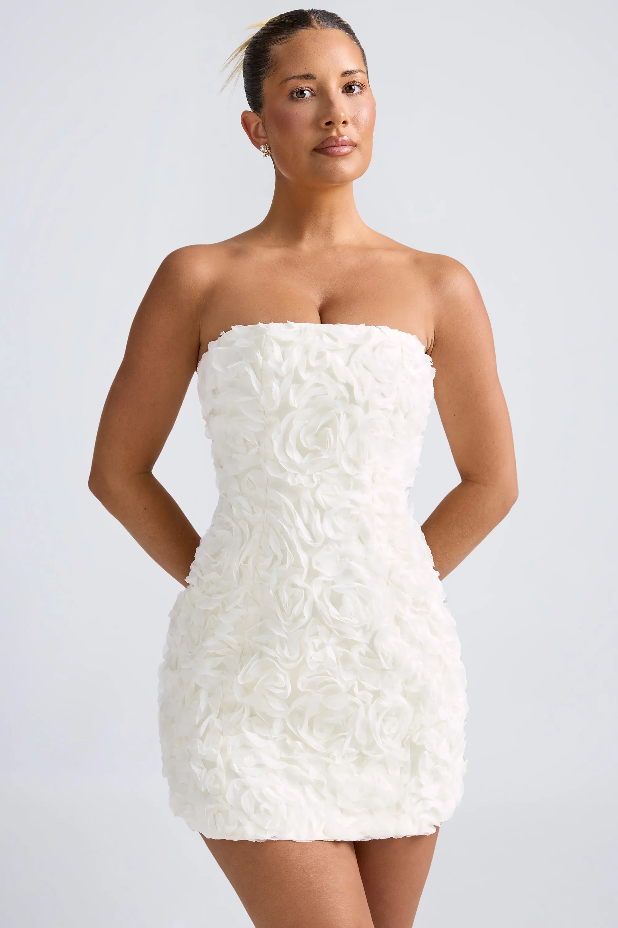 Floral-Appliqué Bandeau A-Line Mini Dress in White sold by Oh Polly