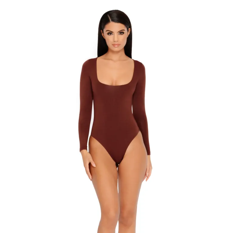 What's The Scoop Double Layered Long Sleeve Bodysuit in Brown sold by Oh Polly