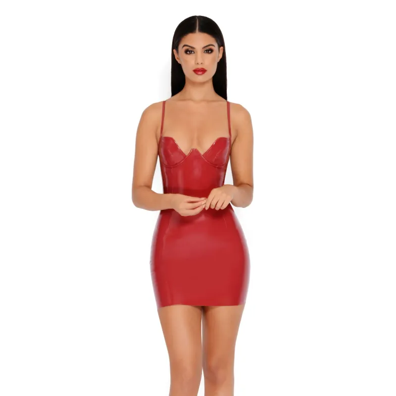 Slicker Than Your Average Vinyl Curved Cup Mini Dress in Red sold by Oh Polly