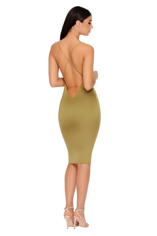 Feelin' Myself Strappy Satin Midi Dress in Olive sold by Oh Polly