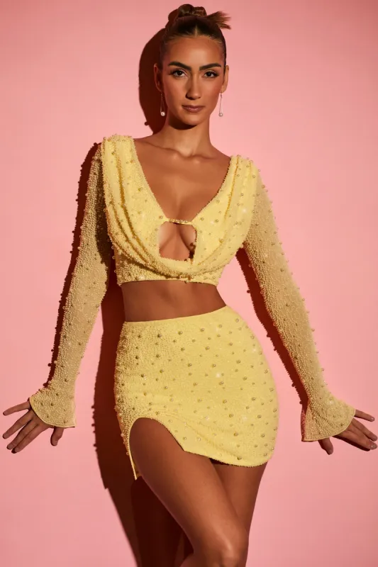 Long Sleeve Deep Plunge Crop Top in Yellow sold by Oh Polly