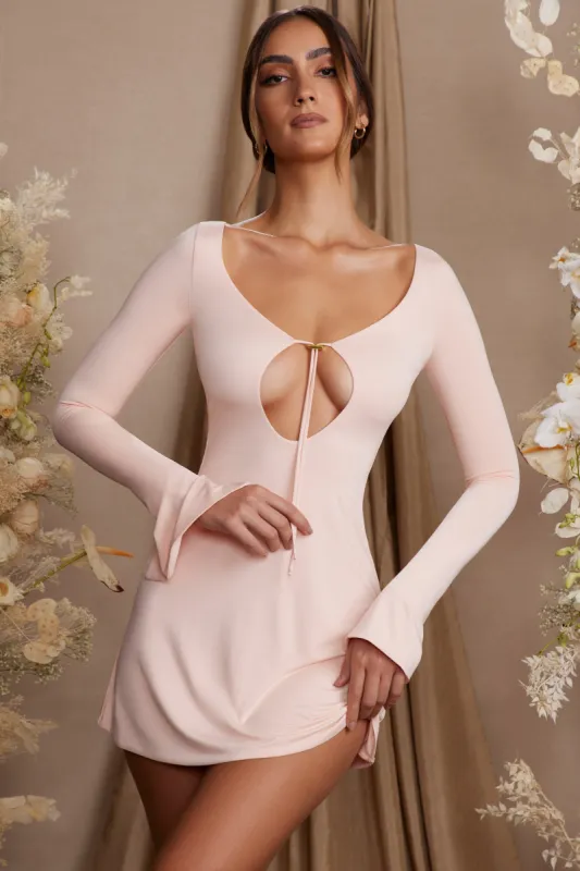 Long Sleeve Cut Out A-Line Mini Dress in Blush sold by Oh Polly