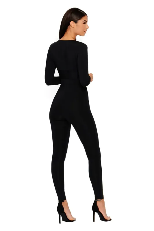 Jump In The Deep End Extreme Plunge Belted Jumpsuit in Black sold by Oh Polly
