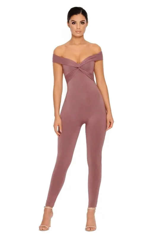 Smooth In For The Kill Off The Shoulder Jumpsuit in Dark Mauve sold by Oh Polly