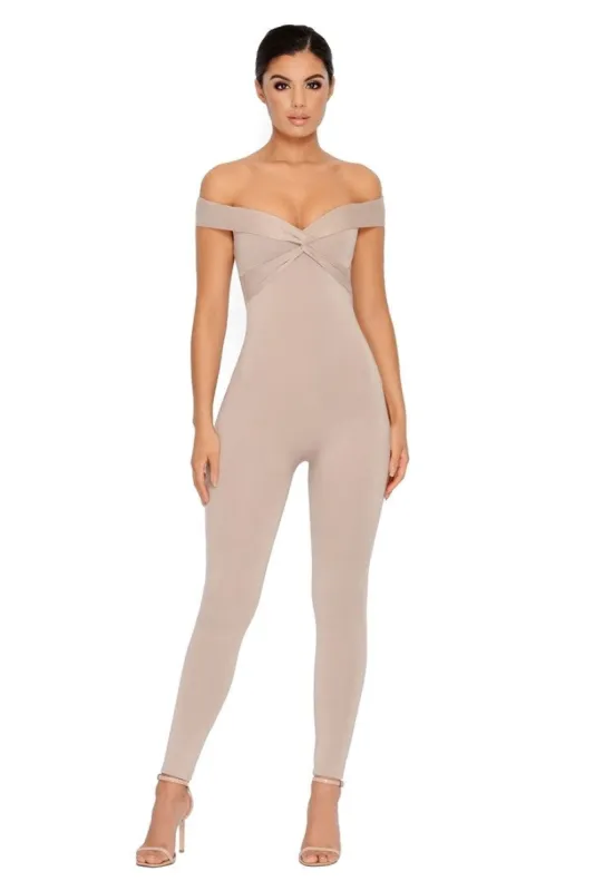 Smooth In For The Kill Off The Shoulder Jumpsuit in Stone made by Oh Polly