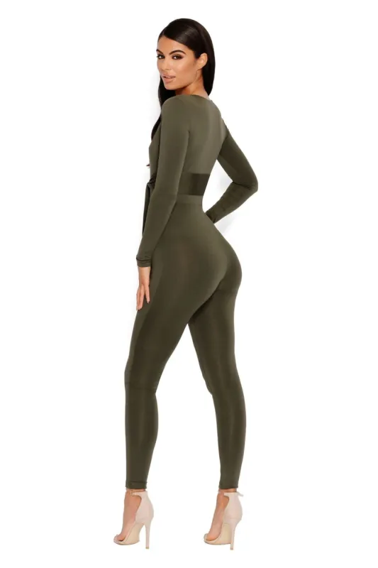 Jump In The Deep End Extreme Plunge Belted Jumpsuit in Khaki sold by Oh Polly