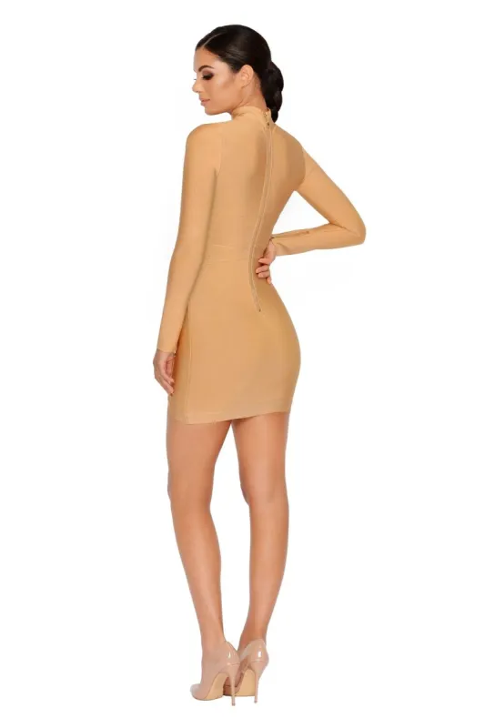 Shout Out To My X High Neck Bandage Mini Dress in Caramel sold by Oh Polly