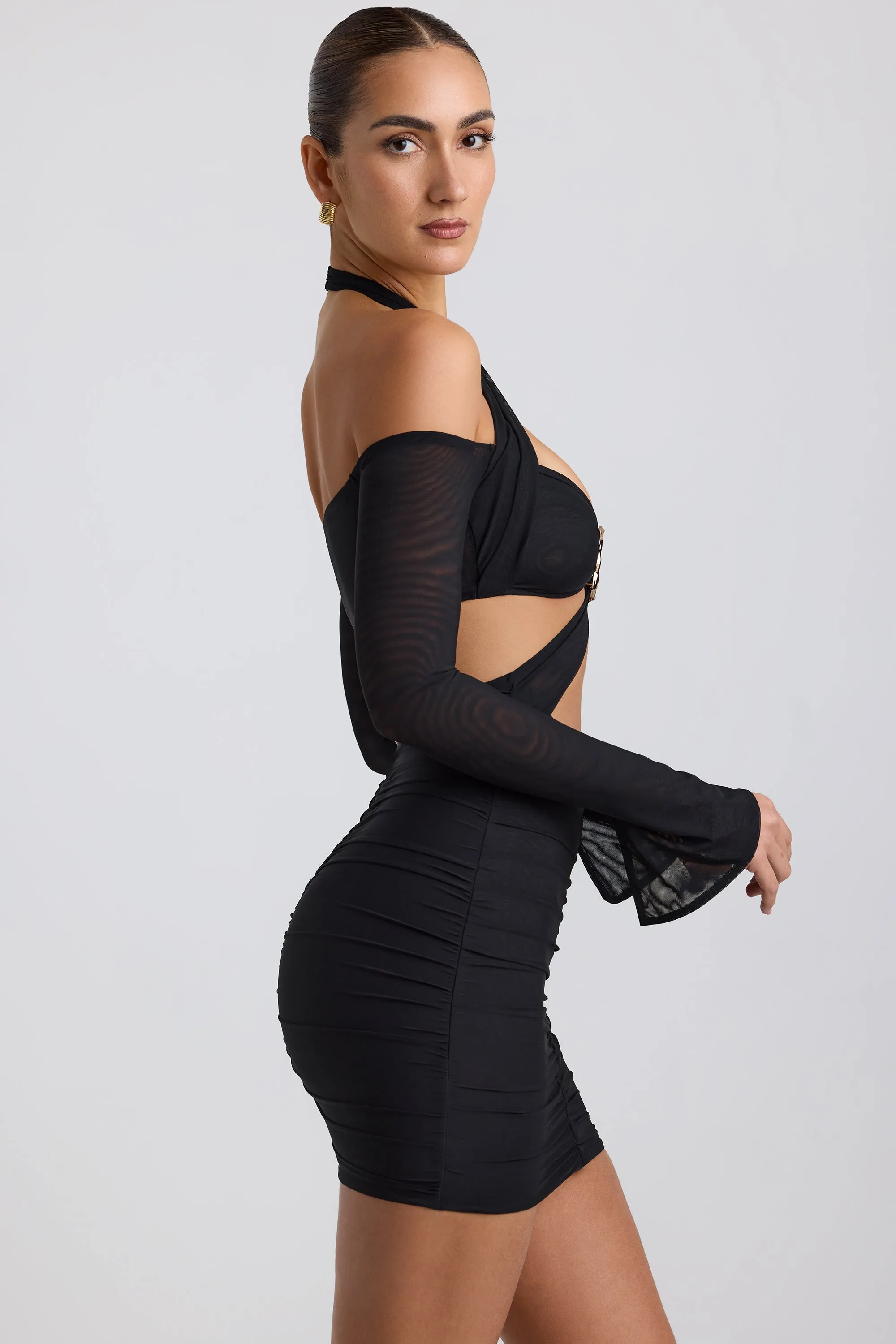 Off-Shoulder Ruched Cut-Out Mini Dress in Black sold by Oh Polly product image thumbnail 3