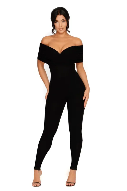 Off The Rails Ribbed Bardot Jumpsuit in Black sold by Oh Polly