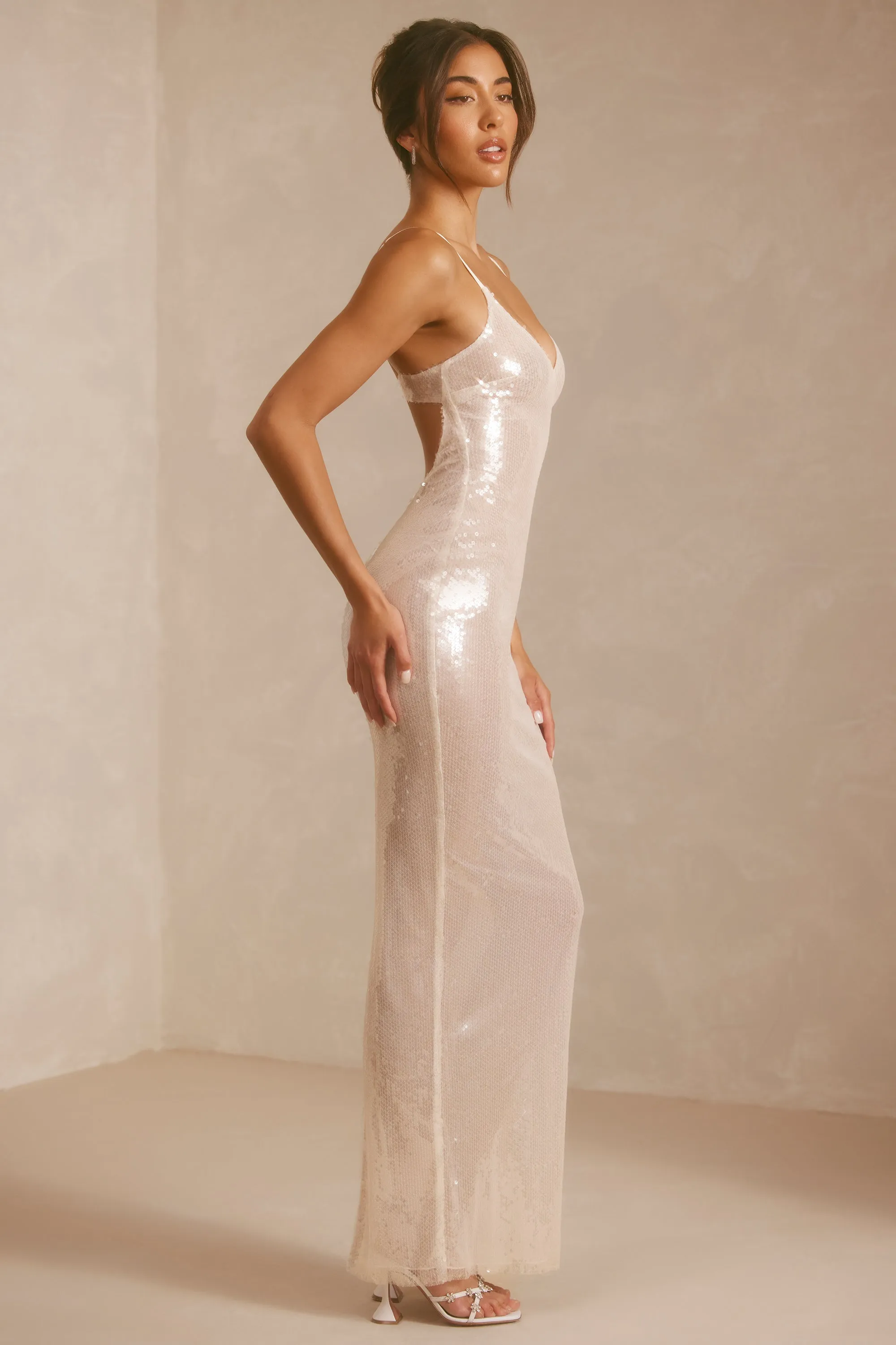 Sheer Sequin V-Neck Cut Out Back Evening Gown in White sold by Oh Polly product image thumbnail 3