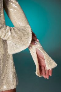 Off The Shoulder Sequin A-Line Mini Dress in Ivory sold by Oh Polly