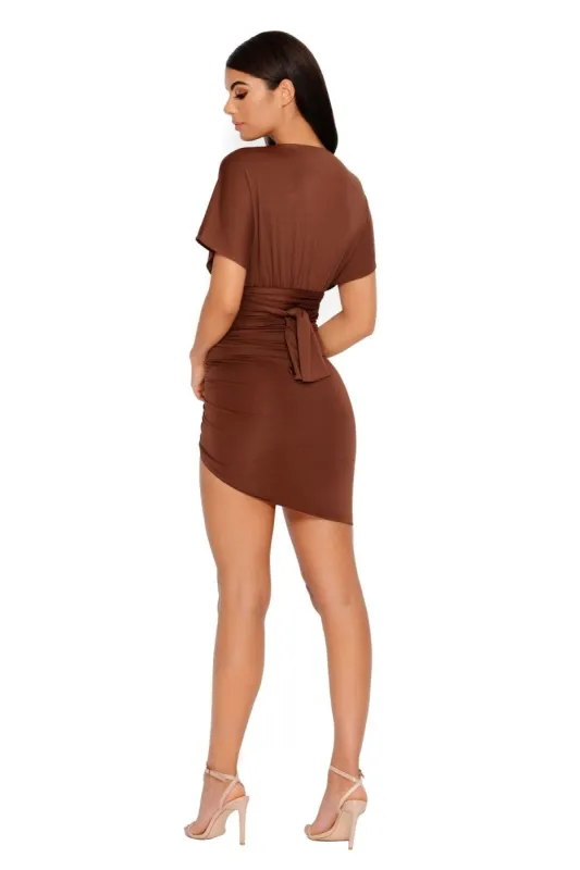 Under My Wing Plunge Thigh Split Mini Dress in Chocolate sold by Oh Polly
