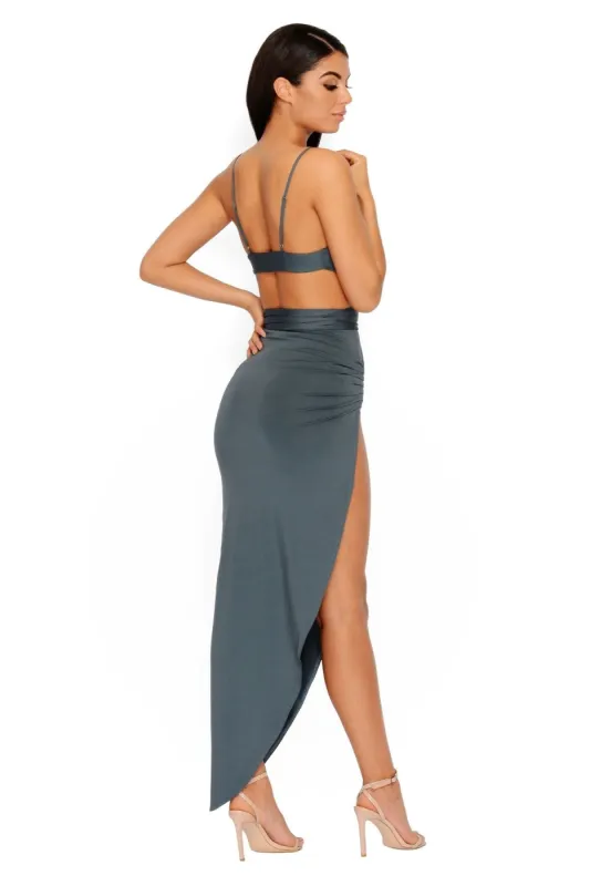 Barefaced Tie Thigh Split Cut Out Maxi Dress in Grey sold by Oh Polly
