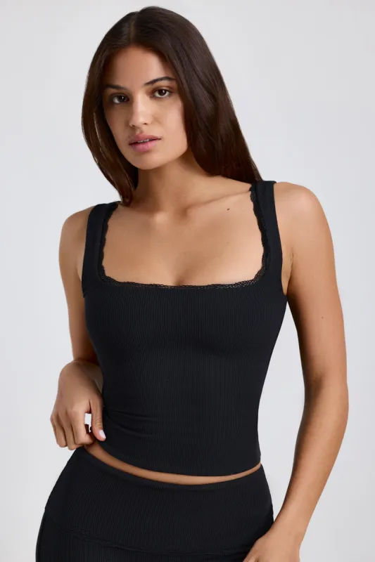 Ribbed Modal Lace-Trim Tank Top in Black sold by Oh Polly
