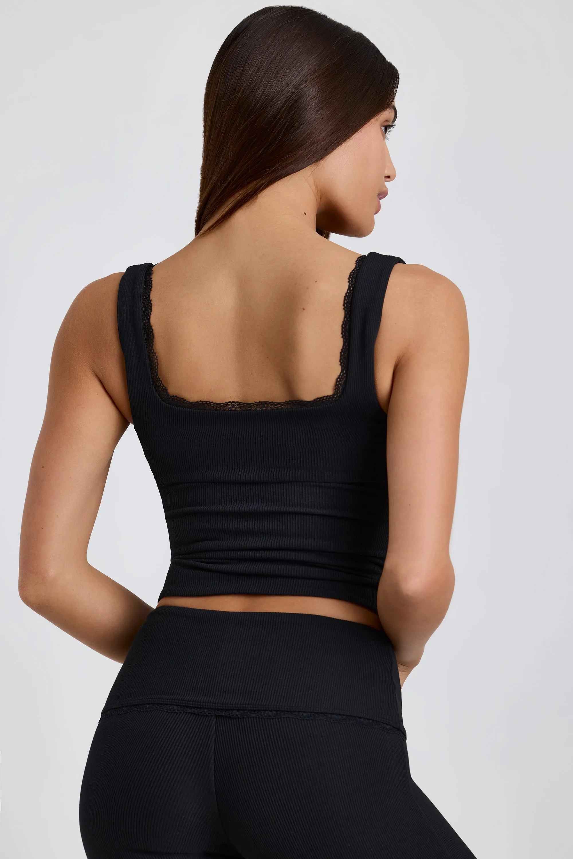 Ribbed Modal Lace-Trim Tank Top in Black sold by Oh Polly product image thumbnail 2