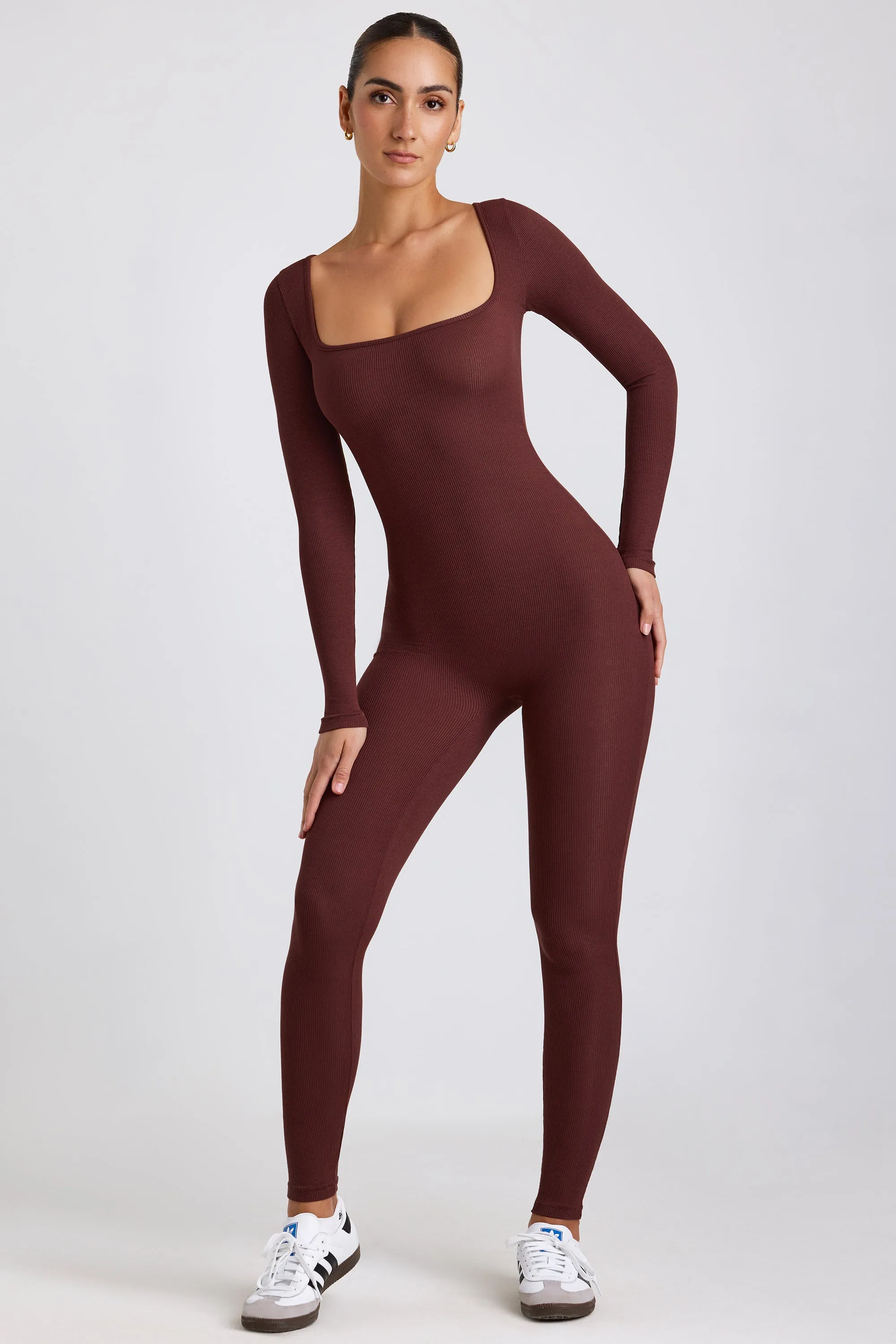 Tall Ribbed Modal Long Sleeve Jumpsuit in Espresso sold by Oh Polly