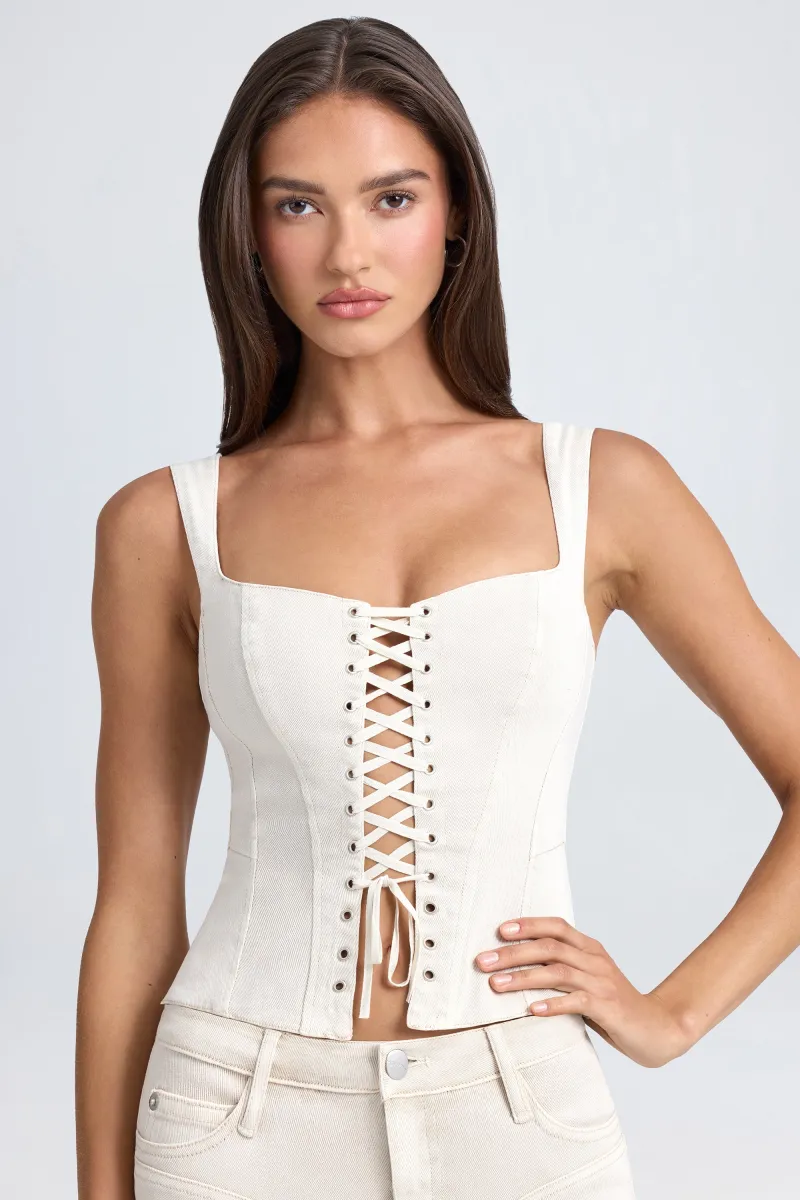 Lace-Up Corset Top in Ecru sold by Oh Polly