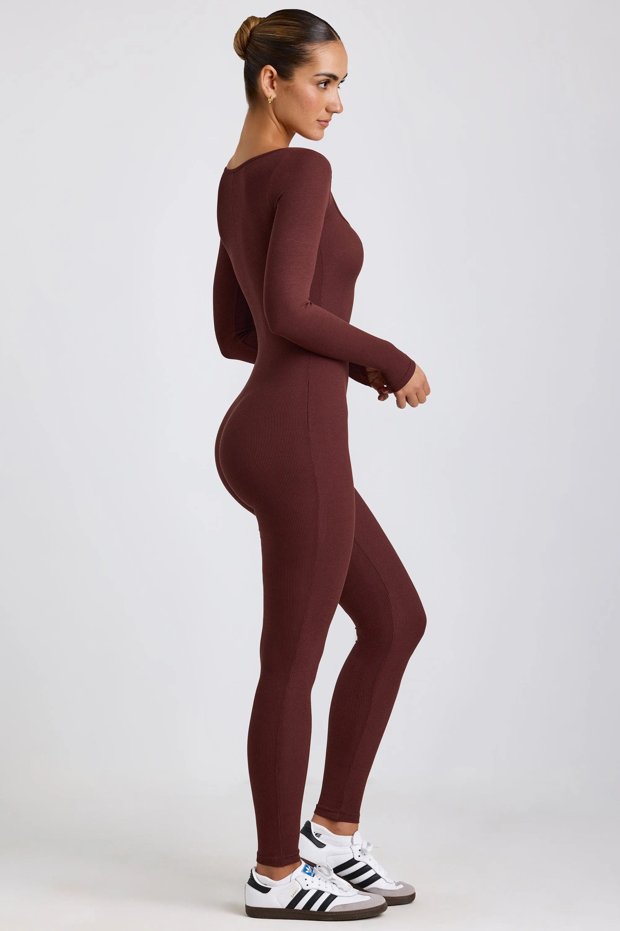 Tall Ribbed Modal Long Sleeve Jumpsuit in Espresso sold by Oh Polly product image thumbnail 3