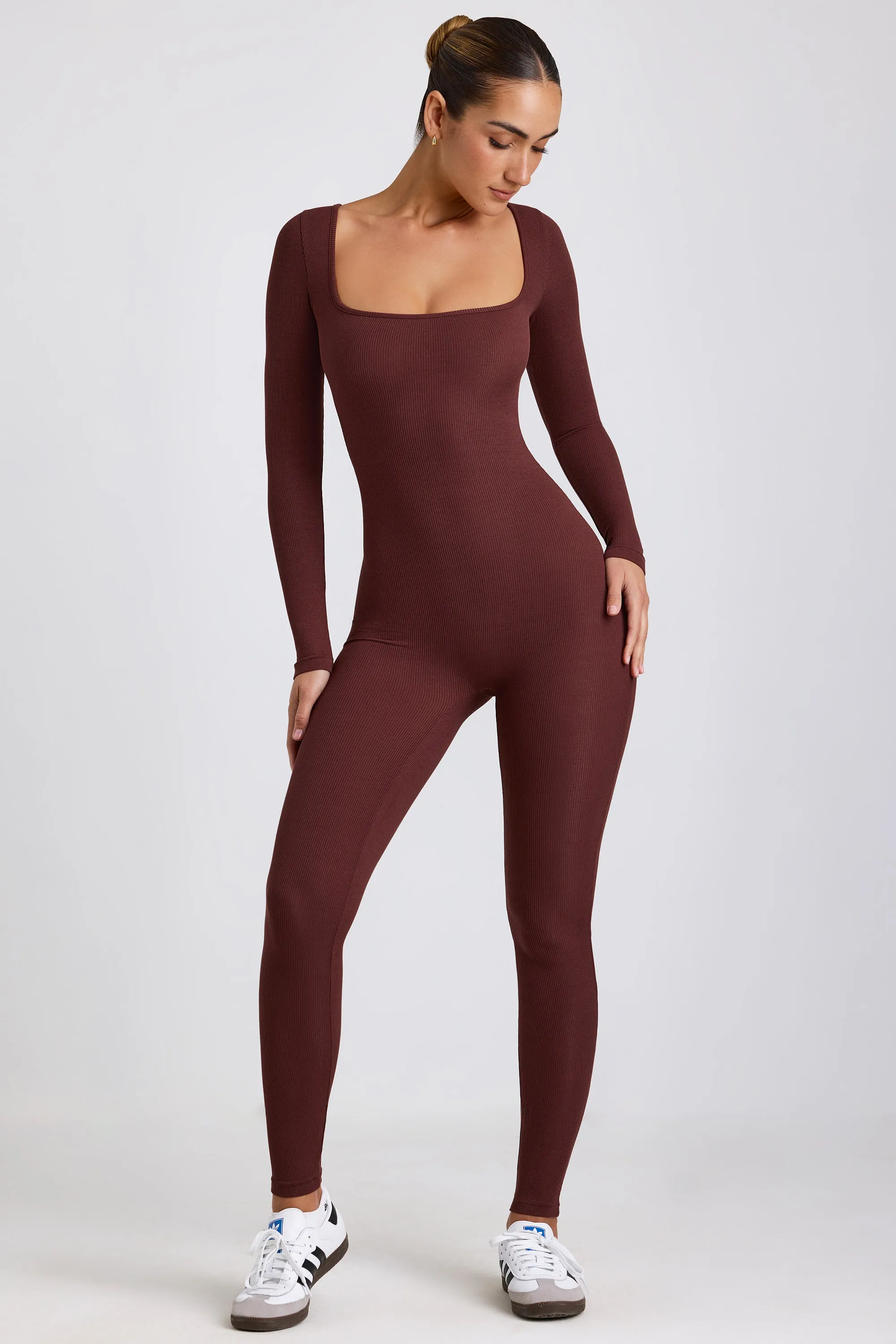 Tall Ribbed Modal Long Sleeve Jumpsuit in Espresso sold by Oh Polly product image thumbnail 5