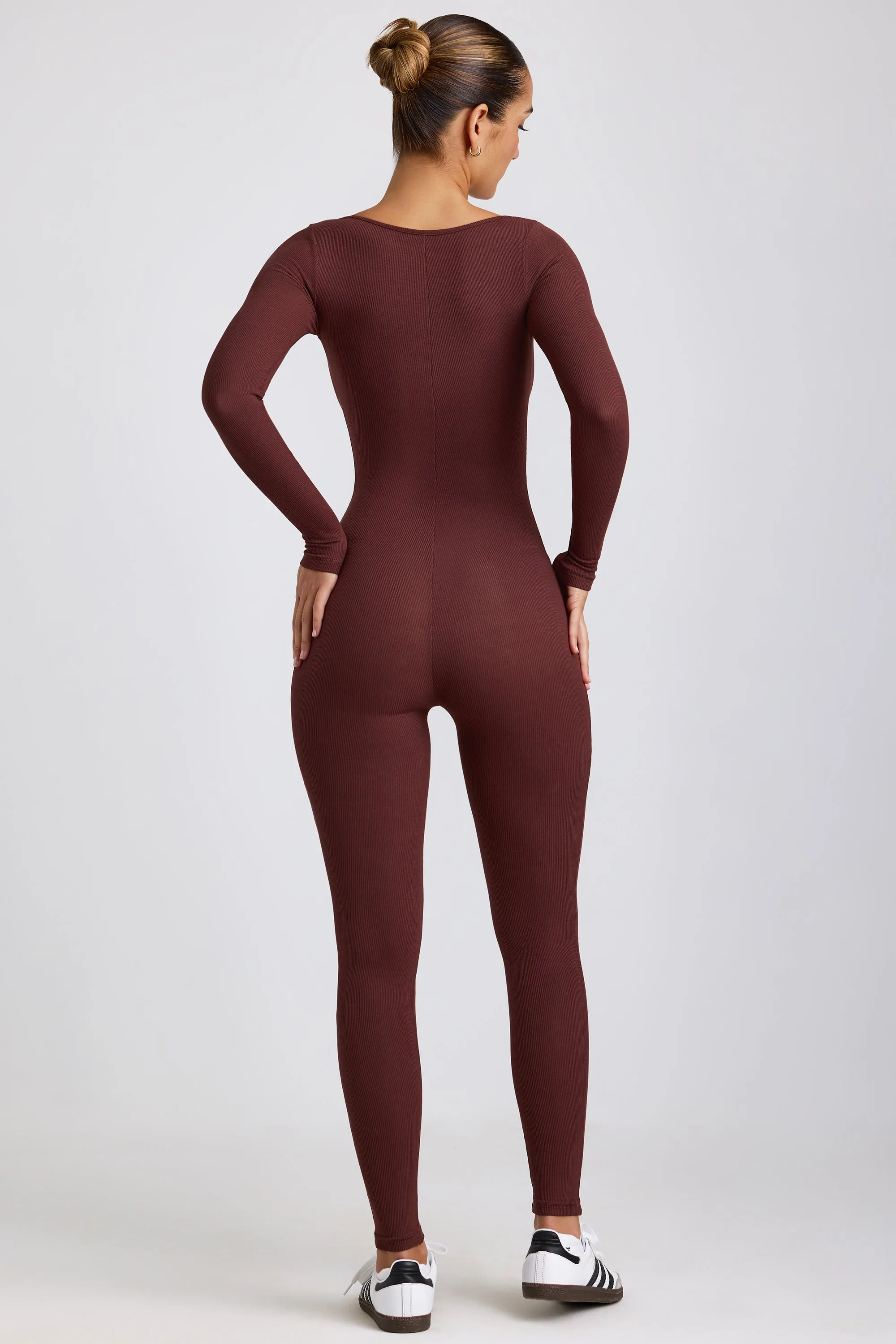 Tall Ribbed Modal Long Sleeve Jumpsuit in Espresso sold by Oh Polly product image thumbnail 2