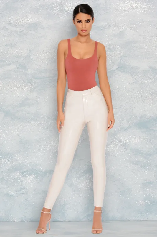 Go In The Tight Direction High Waisted Vinyl Trousers in Taupe sold by Oh Polly