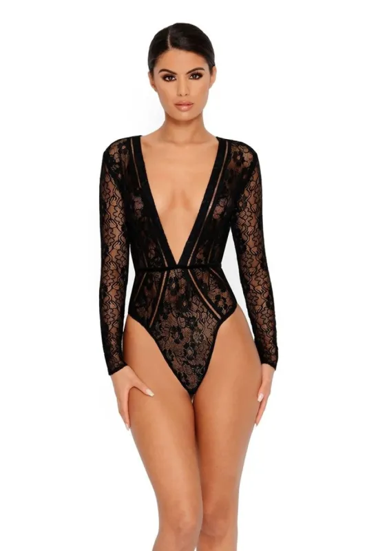 Lace Be Honest Long Sleeve Plunge Bodysuit in Black sold by Oh Polly