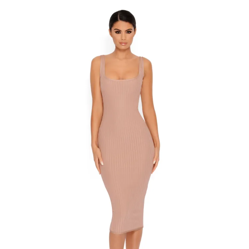 Wait A Midi Scoop Neck Ribbed Bandage Dress in Taupe sold by Oh Polly