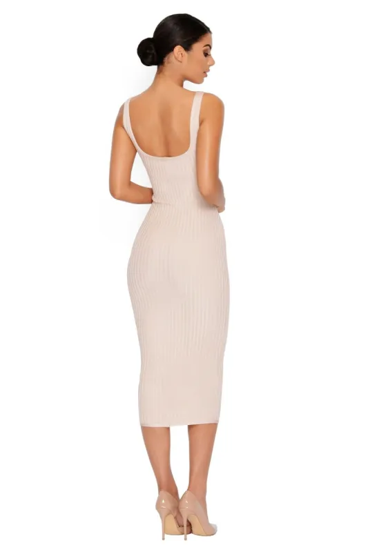 Wait A Midi Scoop Neck Ribbed Bandage Dress in Stone sold by Oh Polly