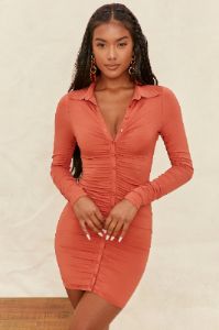 Collar Button Down Mini Dress in Rust sold by Oh Polly
