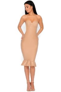 Frill Seeker Vinyl Strapless Peplum Dress in Caramel sold by Oh Polly