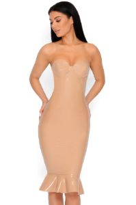 Frill Seeker Vinyl Strapless Peplum Dress in Caramel sold by Oh Polly