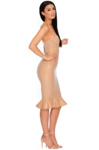 Frill Seeker Vinyl Strapless Peplum Dress in Caramel sold by Oh Polly