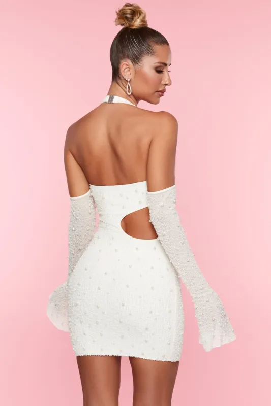 Embellished Cold Shoulder Cut Out Mini Dress in White | Parallel