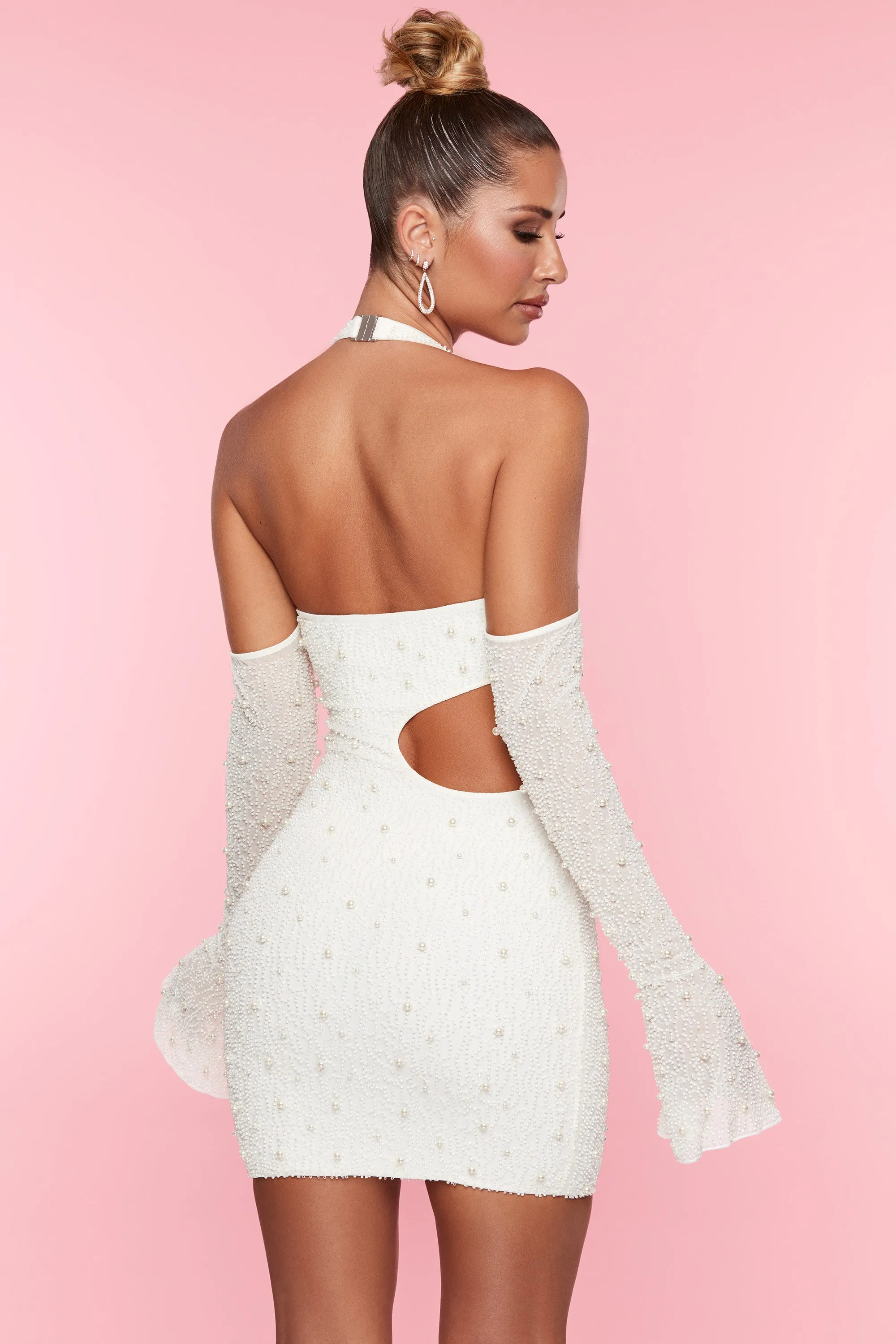 embellished cold shoulder cut out mini dress in white Embellished Cold Shoulder Cut Out Mini Dress in White