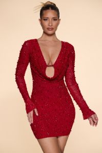 Long Sleeve Deep Plunge Mini Dress in Red sold by Oh Polly