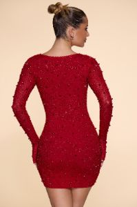 Long Sleeve Deep Plunge Mini Dress in Red sold by Oh Polly