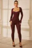 Petite Sweetheart Neckline Long Sleeve Jumpsuit in Brown sold by Oh Polly