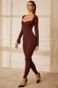Petite Sweetheart Neckline Long Sleeve Jumpsuit in Brown sold by Oh Polly