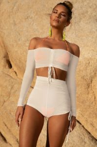 Sheer Glow Off The Shoulder Sheer Mesh Cropped Top in White sold by Oh Polly