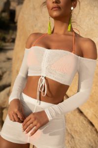 Sheer Glow Off The Shoulder Sheer Mesh Cropped Top in White sold by Oh Polly