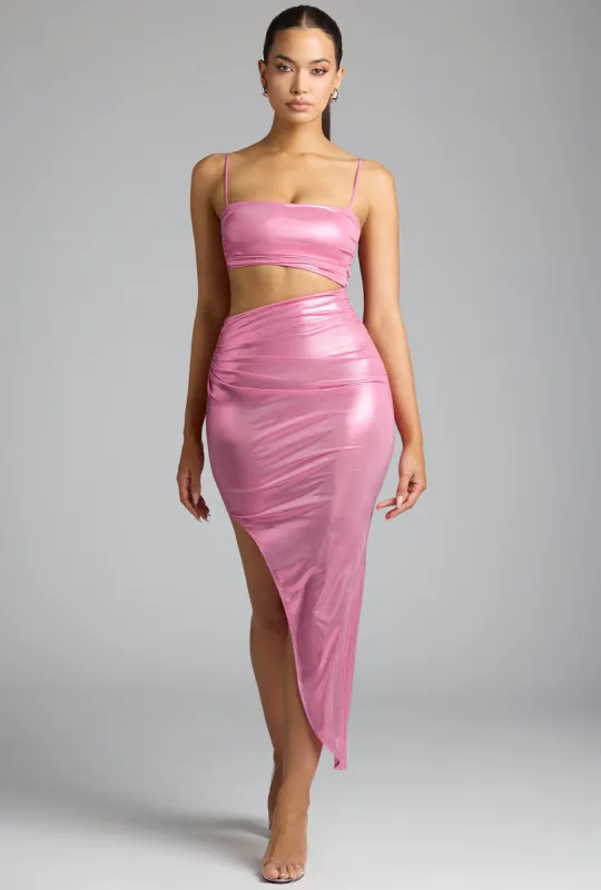 Draped Metallic Jersey Maxi Dress in Rose Pink made by Oh Polly