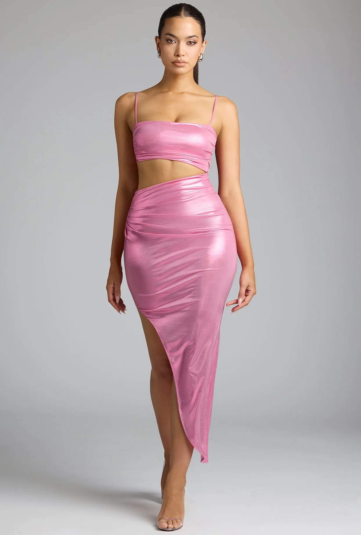 Draped Metallic Jersey Maxi Dress in Rose Pink sold by Oh Polly